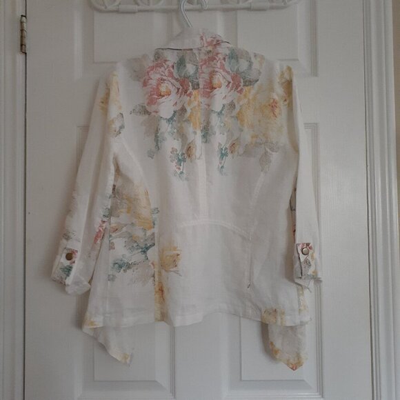 Chico's Women's Size Small (O) White Floral 100% Linen Open Draped Blazer - Picture 3 of 14
